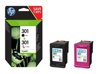 HP 301 - 2-pack - svart, färg (cyan, magenta, gul) - original - bläckpatron - för HP DeskJet 1000, 1010, 1050 AiO, 1050A AiO, 1510 AiO, 2000, 2050 AiO, 2050A AiO, 2510 AiO, 2540 AiO, 3000, 3050 AiO, 3050A eAiO, 3510 eAiO series, HP ENVY 4500 eAiO, 5530 eAiO series, HP OfficeJet 2620 AiO, 4630 eAiO series N9J72AE